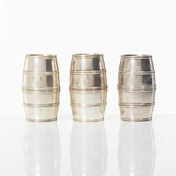 Six silver vodka cups, in the form of three detachable barrels, including mark of CF Carlman, Stockholm 1924.
