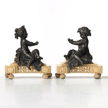 A pair of Louis XVI late 18th century fire dogs.