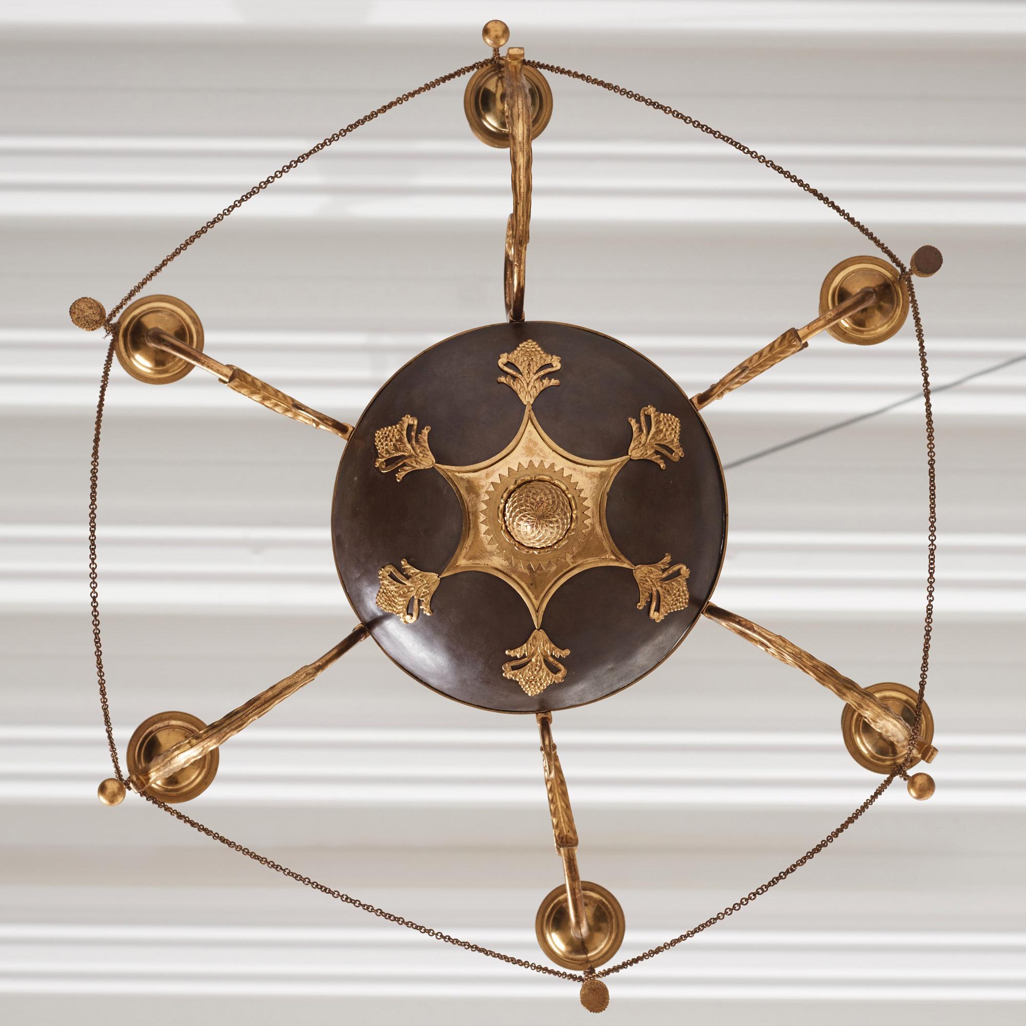 A late Gustavian ormolu and patinated bronze six-branch chandelier, Stockholm circa 1800.