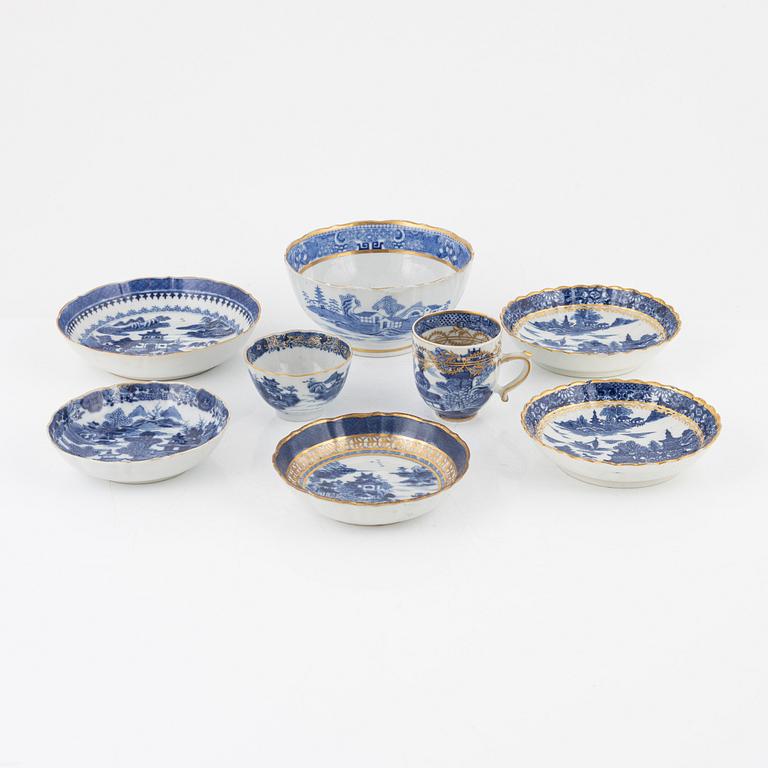 Two Chinese blue and white cups with saucers, a bowl and a dish, Qing dynasty, Jiaqing (1796-1820).