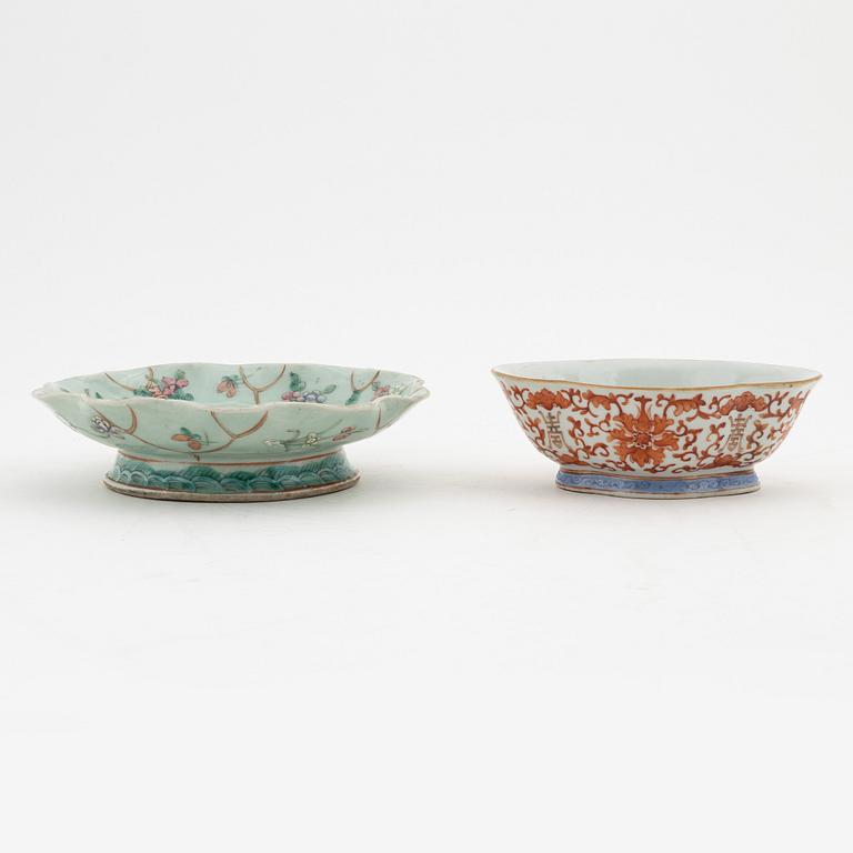 A famille rose jar with cover, box with cover and a dish and a bowl, China, circa 1900.