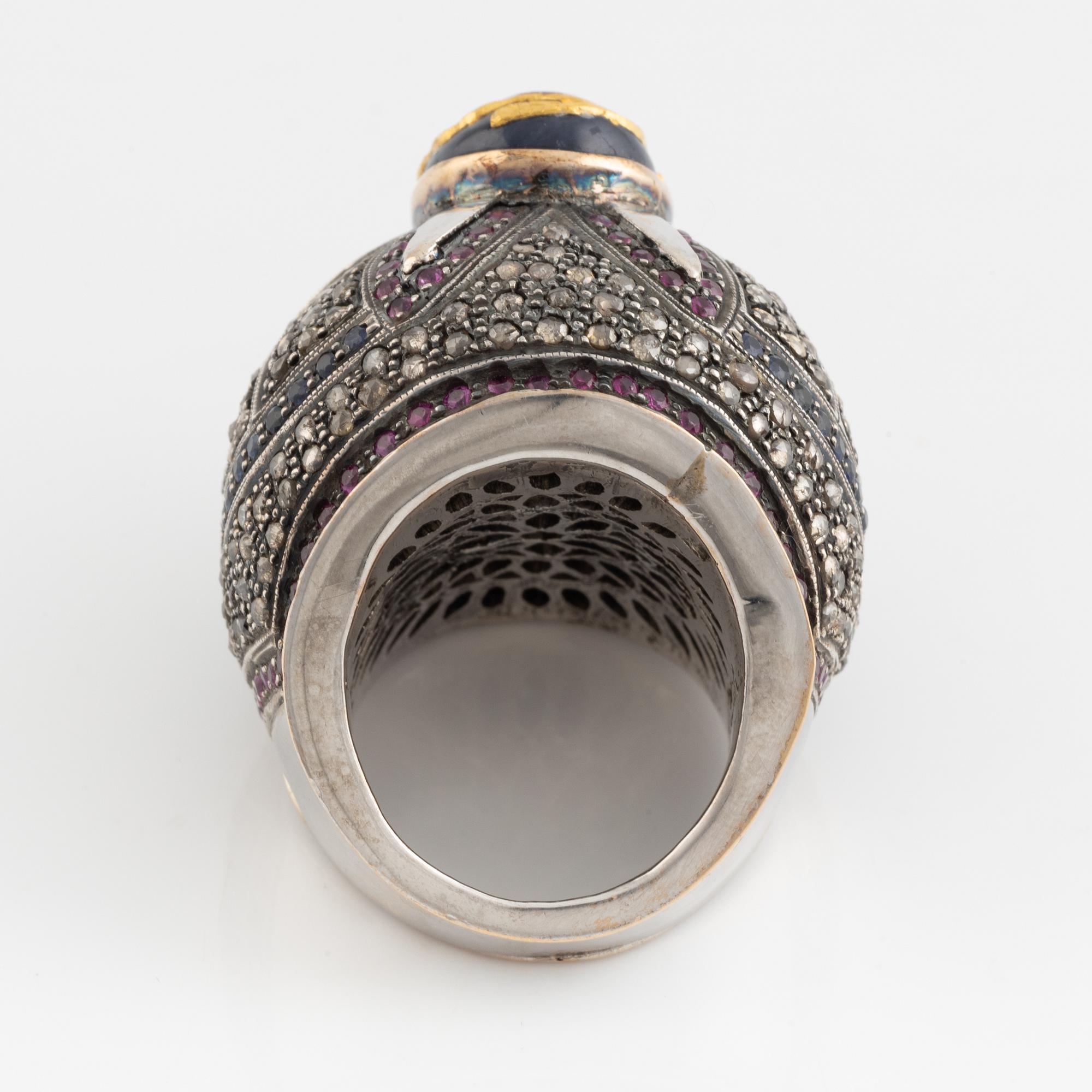 Flat cut diamond, rose cut diamonds, sapphire and ruby ring.