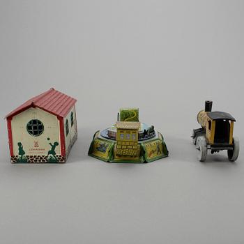 LEKSAKER, 3 stycken, plåt, Tyskland, 1920/30-tal.