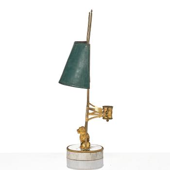 A late Gustavian gilt brass, marble and tole reading lamp, late 18th century.