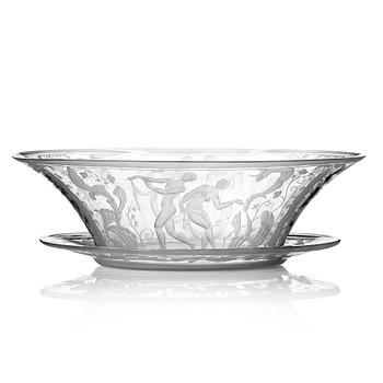 Simon Gate, a Swedish Grace engraved glass bowl with stand, Orrefors 1930, model 147, engraved by Karl Rössler.