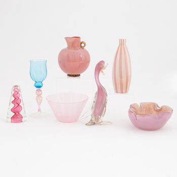 Two bowls, two vases, a glass and two sculptures, glass, possibly Murano, Italy.