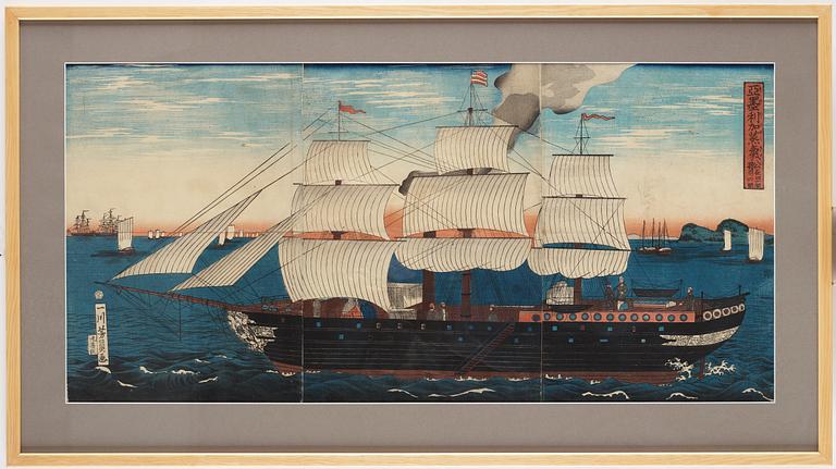 YOSHIKAZU (act.1850-1870), triptyk, färgträsnitt. Japan, 1861.