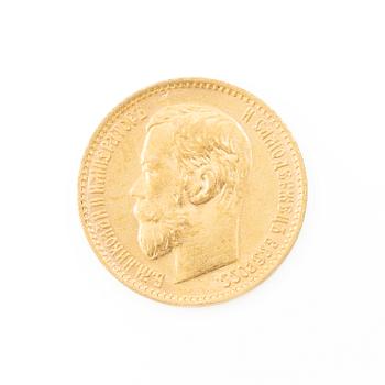 Gold coin, Nicholas II, Russia, 5 Rubles, 1899.