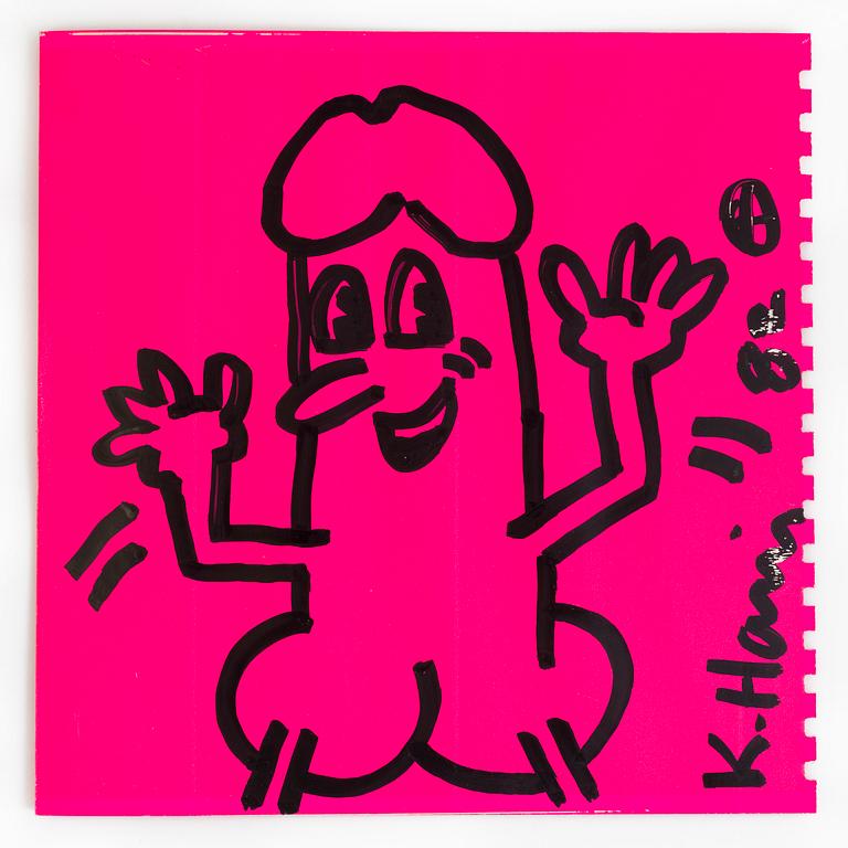 KEITH HARING, drawing on Shafrazi pink cover. Signed and dated - 82.