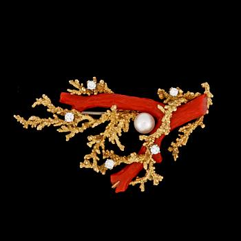 86. A koral, pearl and brilliant cut diamond brooch, 1970's.