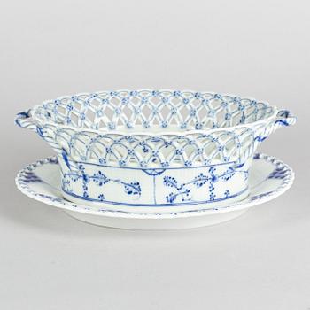 A 'Blue Fluted Full Lace' porcelain fruit basket with stand, Royal Copenhagen, around 1800, stand model 1054 1893-1900.