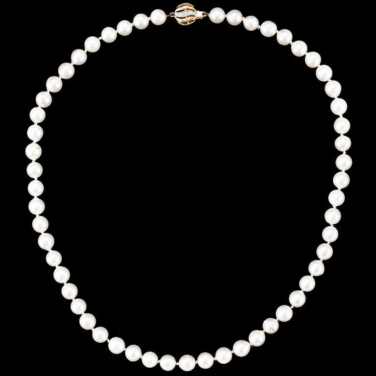 PÄRLCOLLIER, odlade saltvattenspärlor med lås i 18k guld, 1900-talets andra hälft.