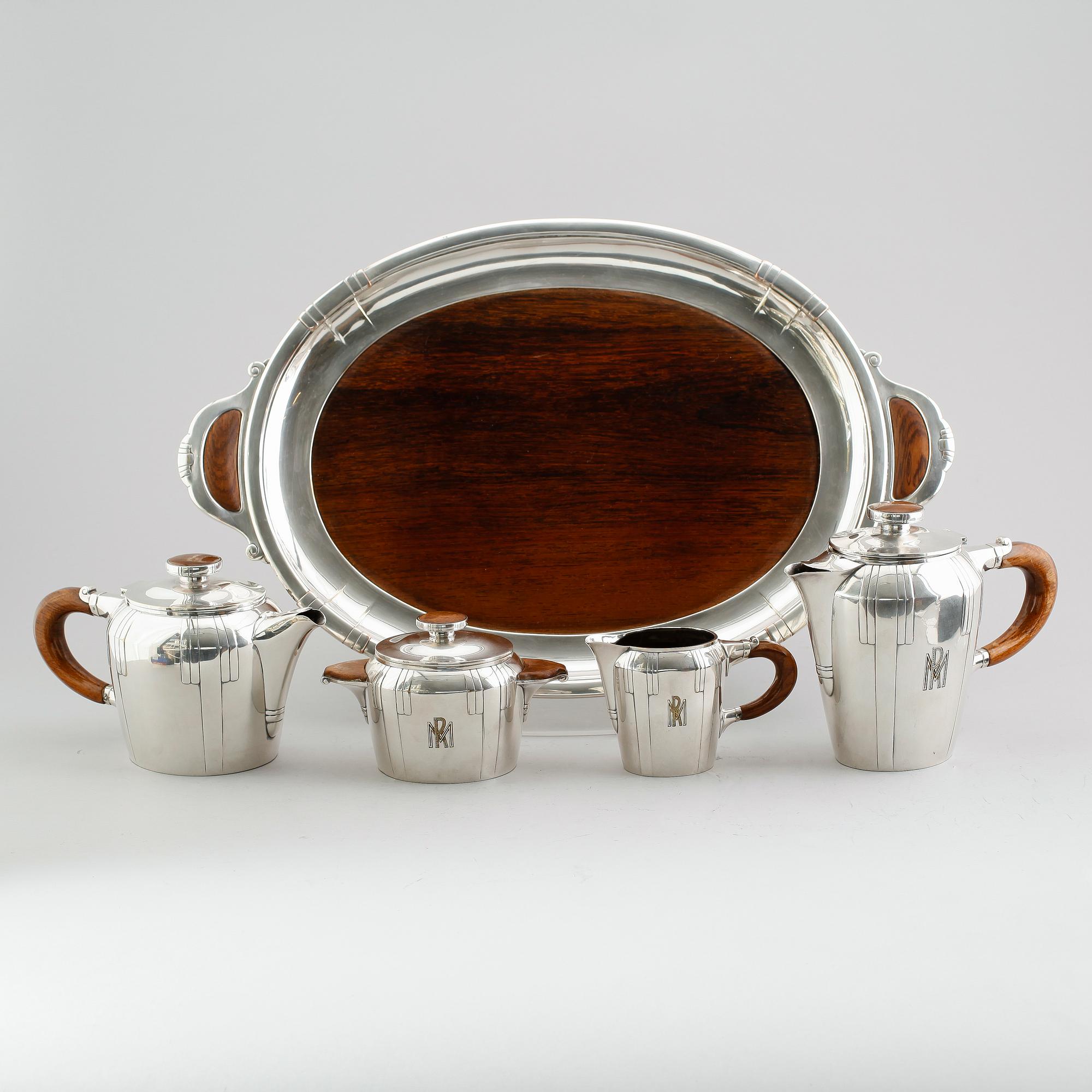KAFFE- OCH TESERVIS, 5 delar, pläter och jakaranda, art déco, 1900-talets första hälft.