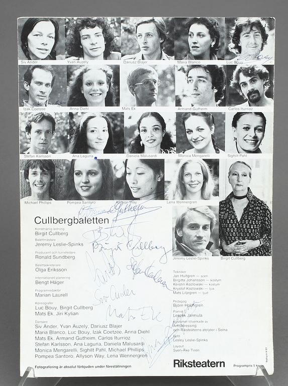 RUDOLF NUREYEV (1938-1993), autograf på informationsblad, Cullbergbaletten på Cirkus, Riksteatern 1981.