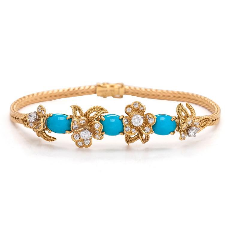 An 18K gold bracelet, turquoises and brilliant-cut diamonds totalling approximately 0.90 ct by René Kern, Germany.