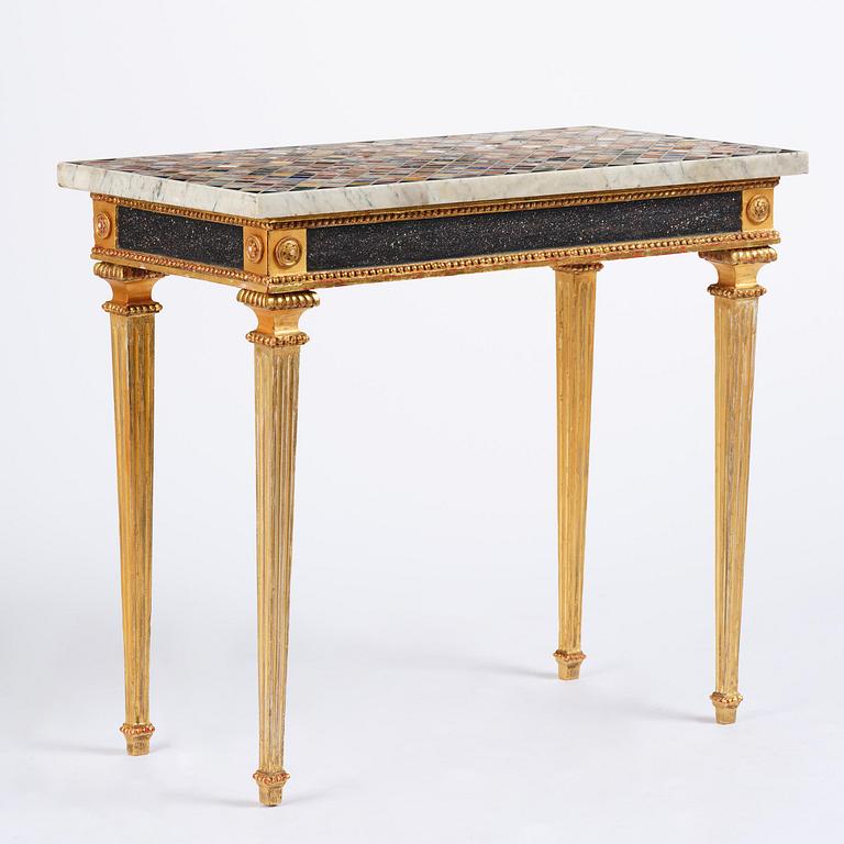 A late Gustavian giltwood console table with an Italian specimen-marble top , Stockholm, late 18th century.