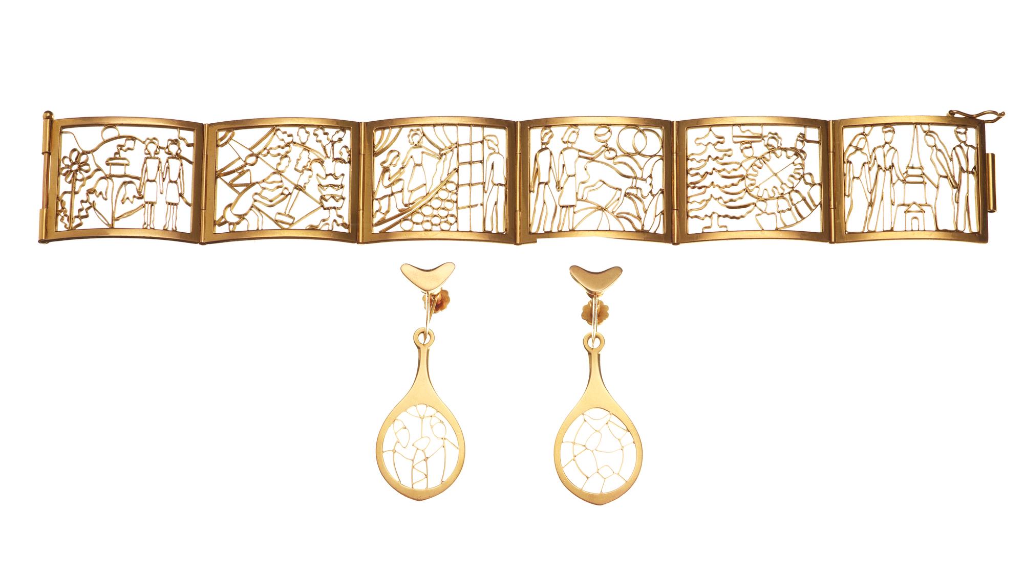 A unique Sigurd Persson 19k gold bracelet and a pair of earrings, Stockholm 1946 and 1953,