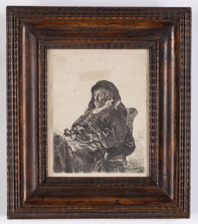Rembrandt Harmensz van Rijn, etsning, spegelvänd och modifierad kopia efter, troligen 1700-tal, signerad i plåten.