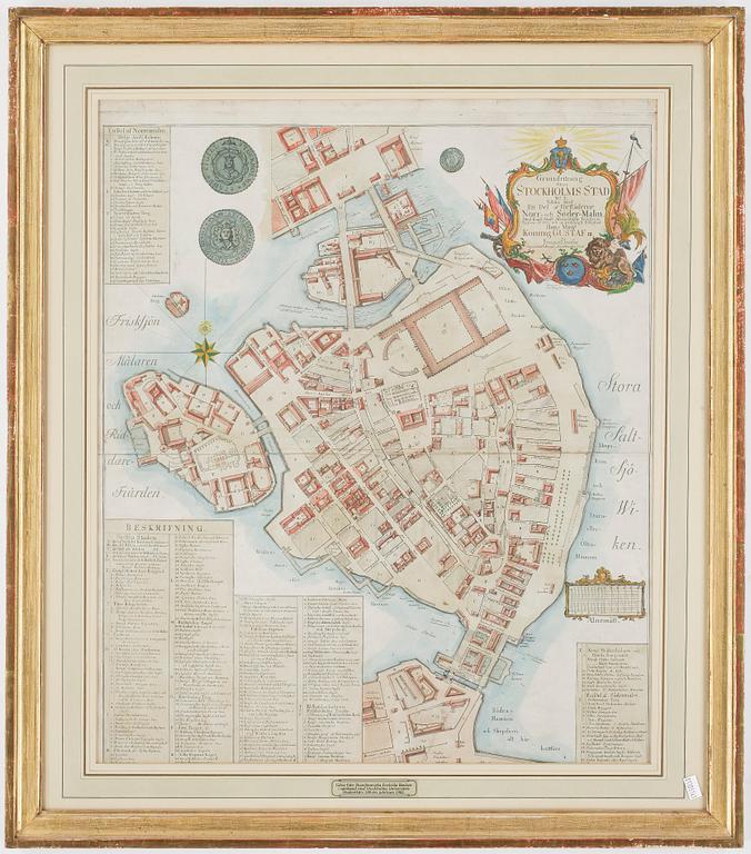 KARTA, kolorerad etsning, "Grundritning öfver Stockholms stad...", Jonas Brolin, utgiven 1771.