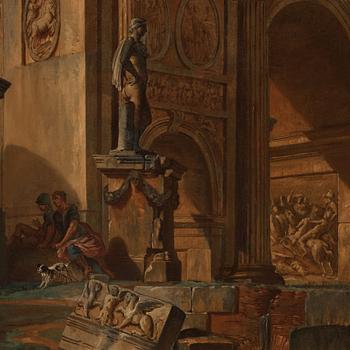 Giovanni Paolo Panini, Capriccio med figurer vid romerska ruiner och Konstantinbågen.