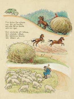 Elsa Beskow, The red bus and the green car. Illustrated children's story by Elsa Beskow.