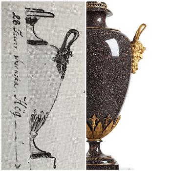 A late Gustavian circa 1800 porphyry and ormolu Vase by Court bronze chaser and gilder F.L. Rung (1758-1837) not signed.