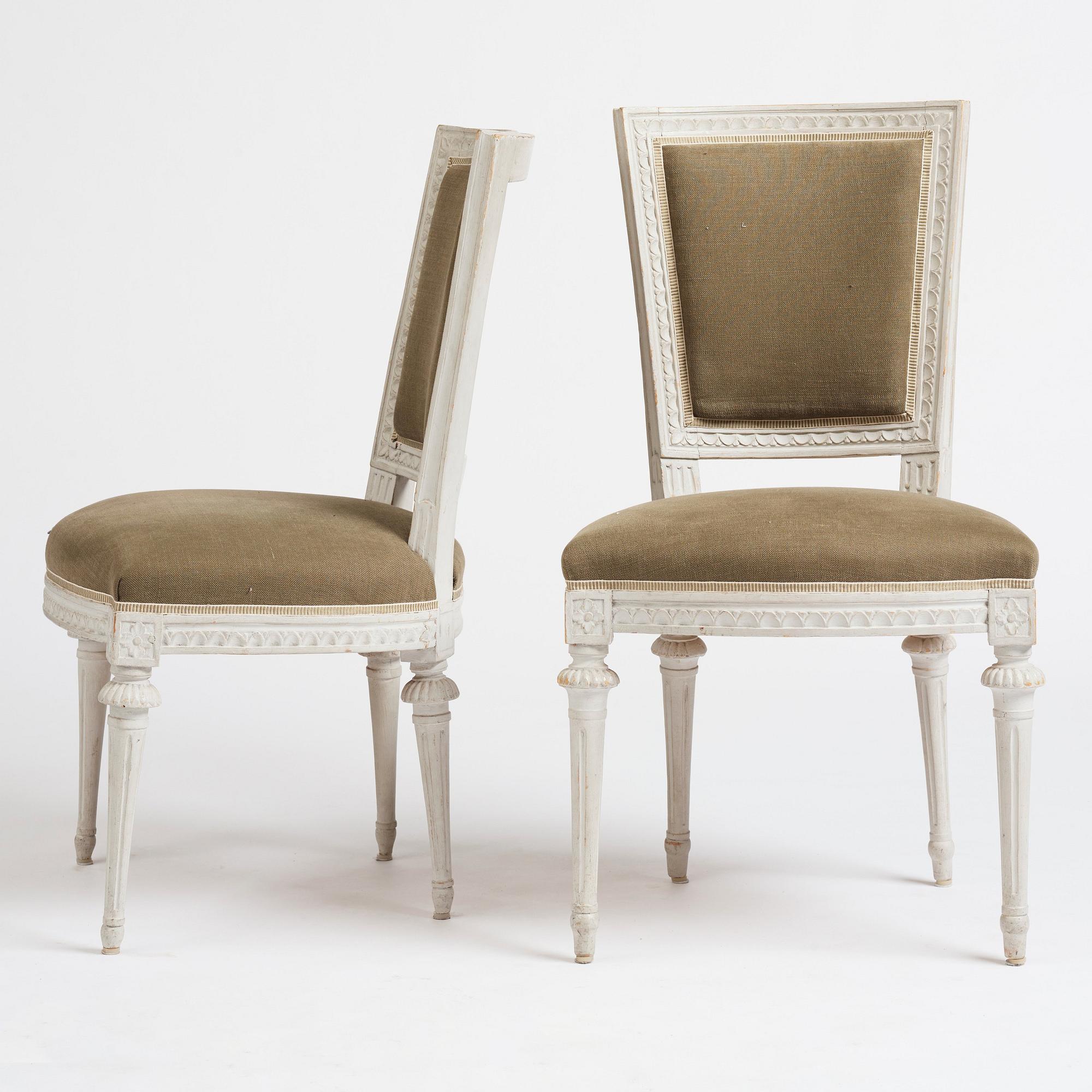 Stolar 12 stycken, av bl,a J Ruste, E Ståhl, J Lindgren, Stockholmsarbeten 1700-talets senare del, Sengustavianska.