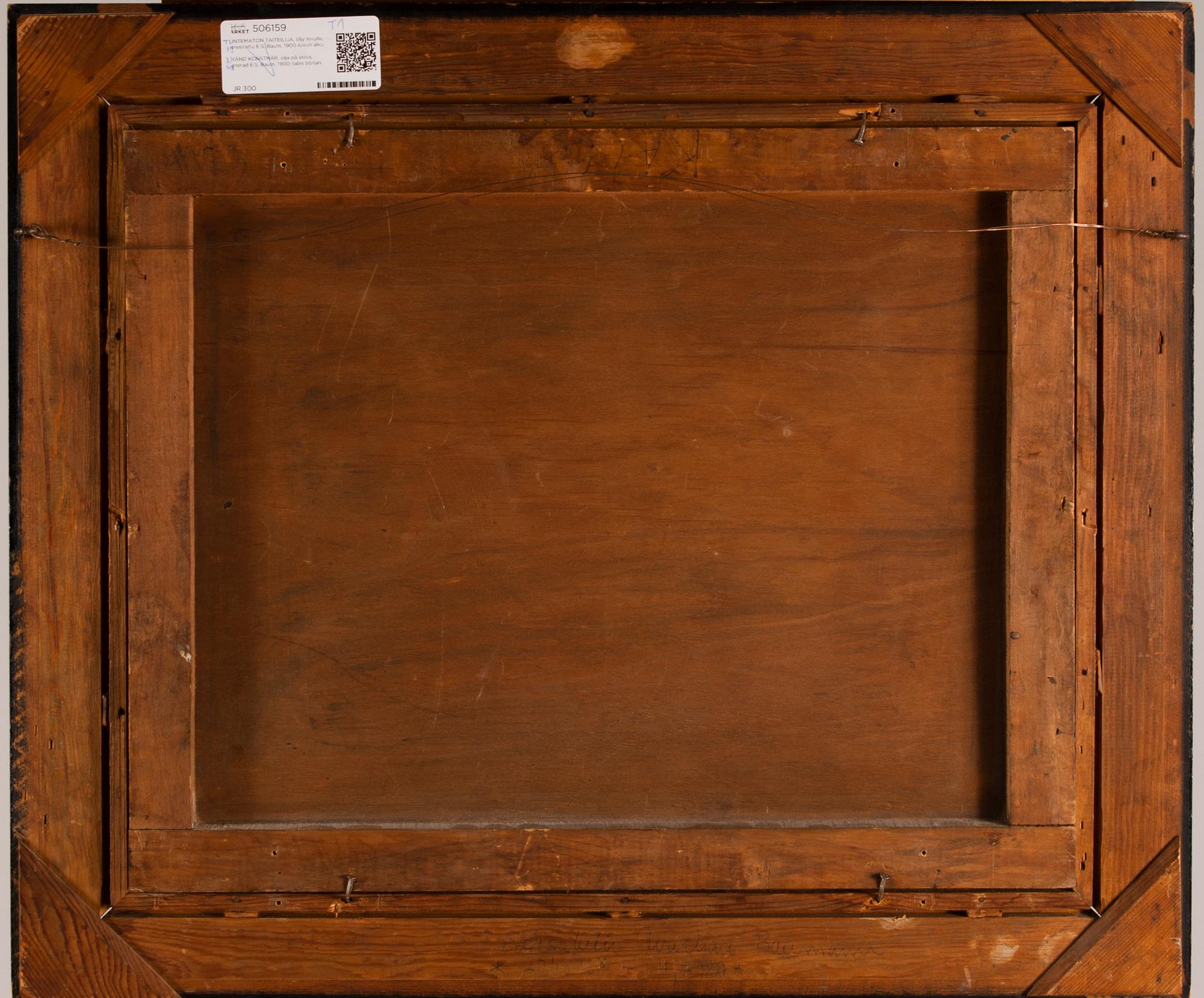 OKÄND KONSTNÄR, olja på skiva, signerad E.S. Baum, 1900-tales början.