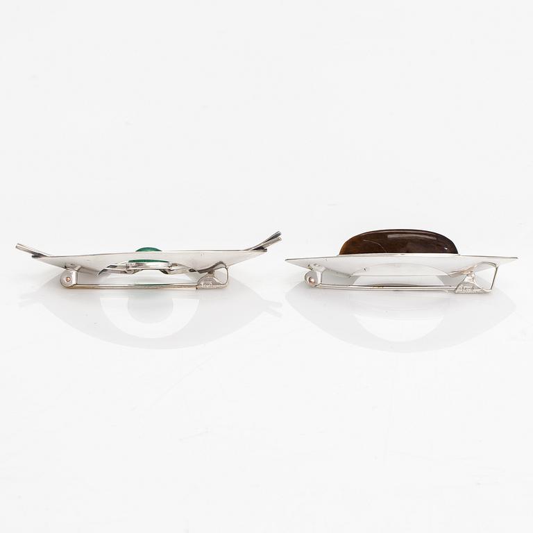 Elis Kauppi, Two silver broocher, with an aventurine quartz and tiger's eye. Kupittaan kulta, Turku 1959 and 1961.