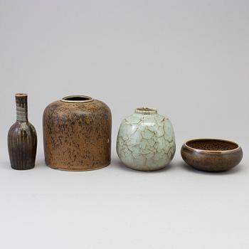 CARL-HARRY STÅLHANE, 3 vaser + skål, 4 delar, stengods, Rörstrand Ateljé, 1960-tal.