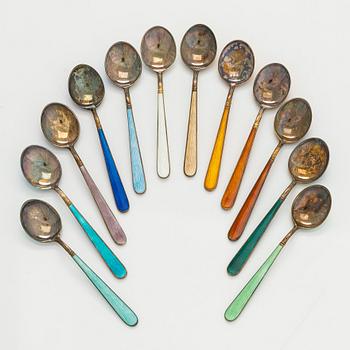 Tillander, mokkalusikoita, 12 kpl, emalia ja kullattua sterling hopeaa, Helsinki.