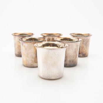 Cup and saucer set, 7 pieces, sterling silver, Einar Telander, Stockholm 1976-79.