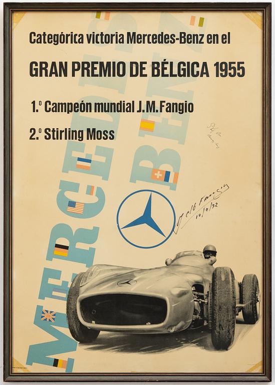 Affisch, Mercedes-Benz, 1955 signerad av Juan Manuel Fangio och Stirling Moss.