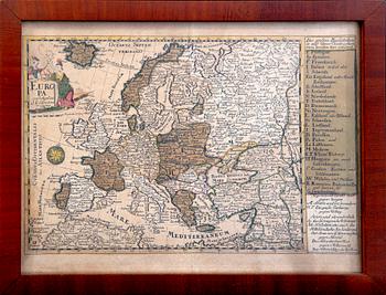 J G Schreibern, karta Europa, handkolorerat kopparstick, Leipzig 1749.