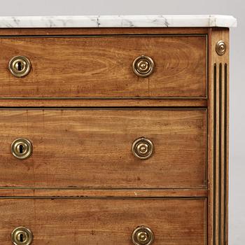 A late Gustavian mahogany, marble top, and brass-mounted commode, Stockholm, late 18th century.