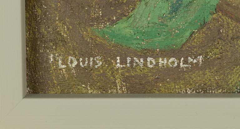Louis Lindholm, Manteau de cheminée avec plante en pot et pommes (Spiselkrans med krukväxt och äpplen).