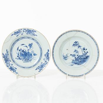 A group of three Chinese blue and white porcelain serving dishes and five dessert plates, Qing dynasty, Qianlong(1736-95.