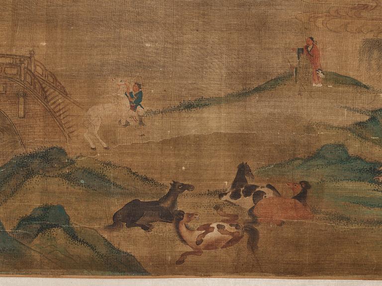 A long scroll painting after Zhao Yong (Zhao Zhongmu 1289-1369), ink and colour on paper and on silk, Qing dynasty.