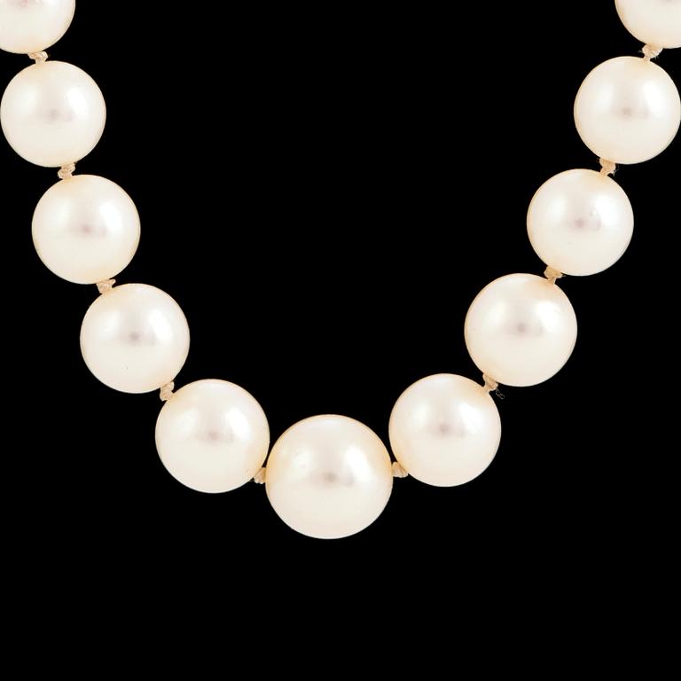 A cultured salt water pearl necklace, gold clasp.