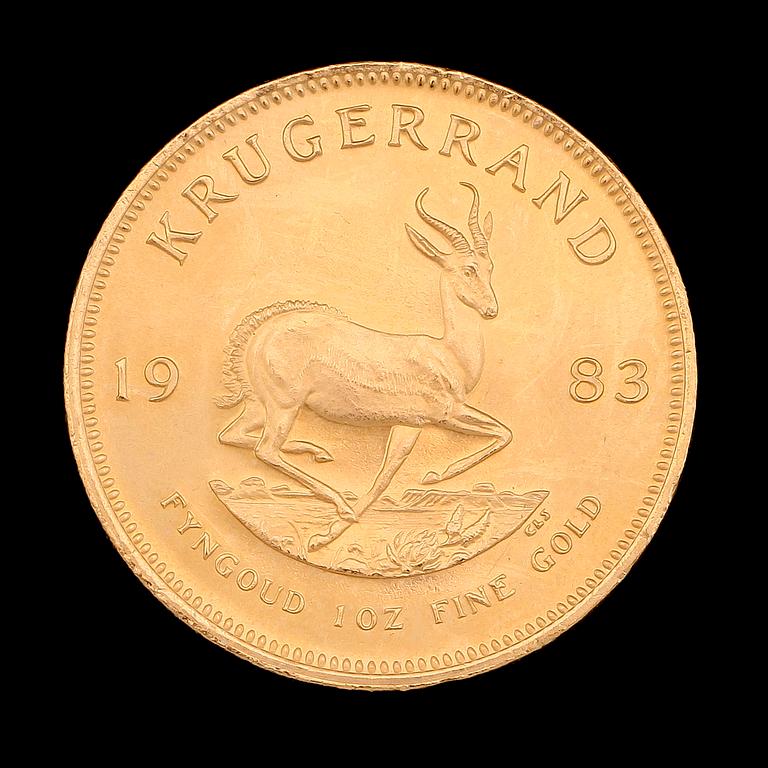 GULDMYNT, finguld, Krugerrand, Sydafrika, 1983. Vikt ca 34 g.