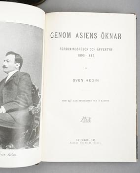 BÖCKER OM RESOR, 5 st, bla Asien 1-2 resp Genom Asiens öknar, av Sven Hedin, Stockholm 1903 resp 1899.