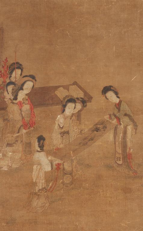 A hanging scroll of court-ladies admiring scroll paintings. Qing dynasty, presumably 18th Century.