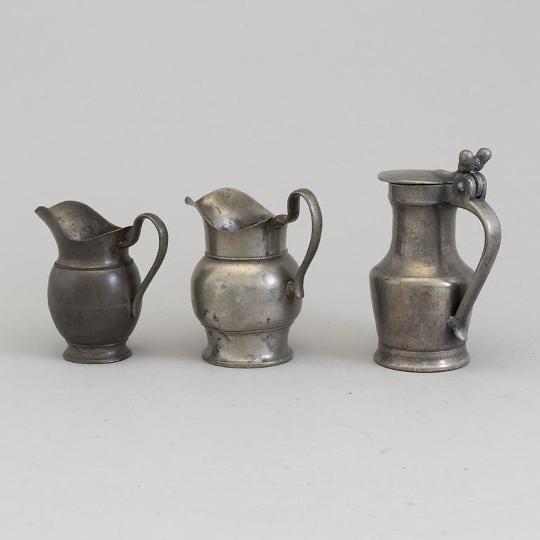 THREE PEWTER JUGS, 18th/19th century.