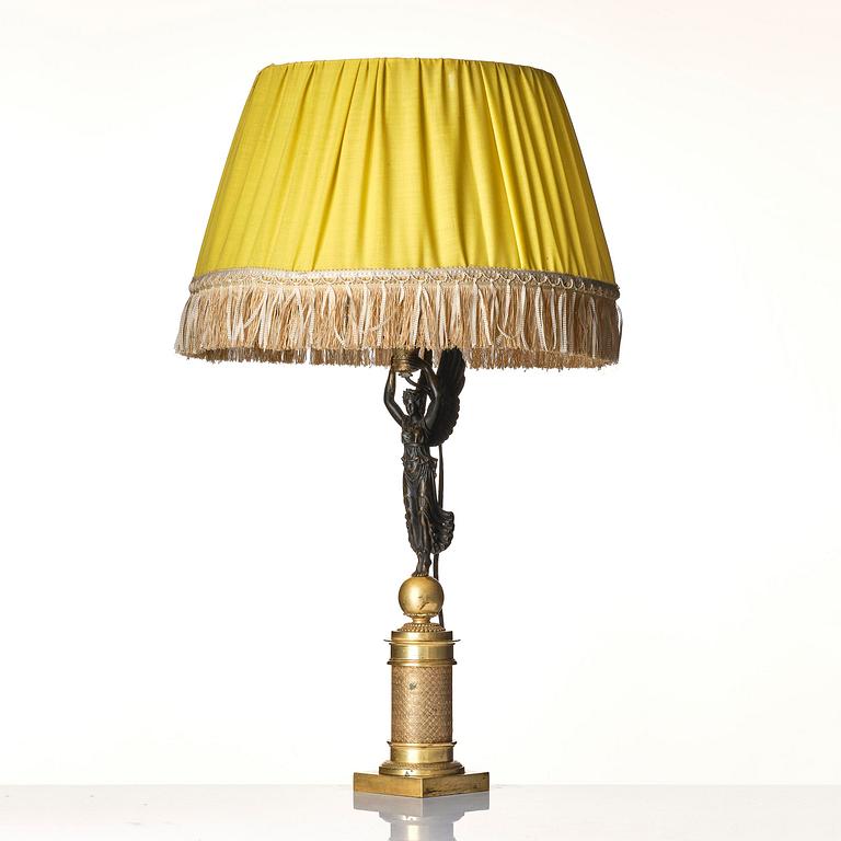 A French Empire ormolu and patinated bronze table lamp, early 19th century.