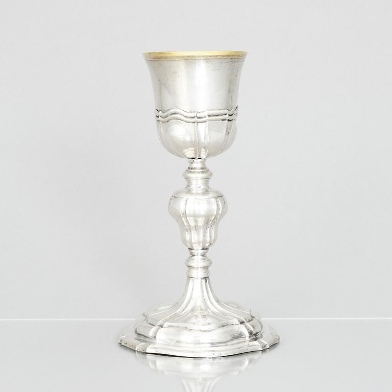 An 18th century parcel-gilt silver cup, unclear marks.