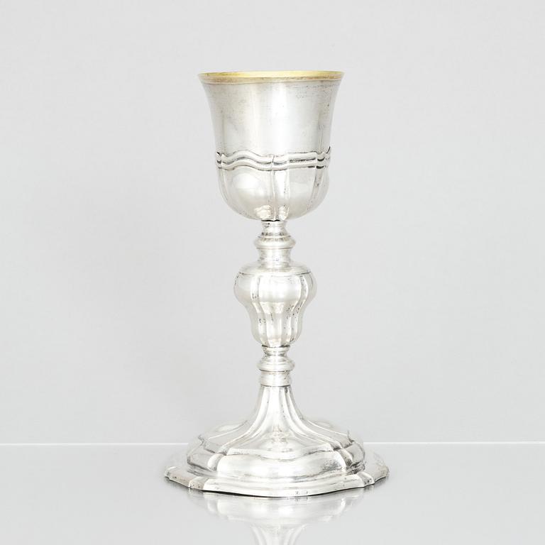 An 18th century parcel-gilt silver cup, unclear marks.