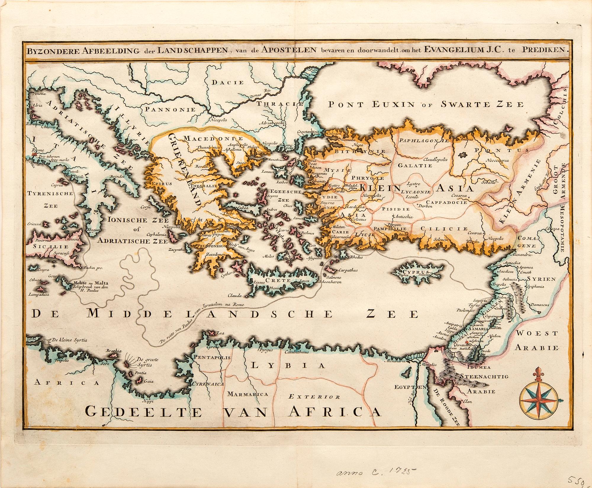 Maps of the Holy Land, 2 pcs, Augustin Calmet 1726 and Jacob & Hendrik Keur 1748, hand-colored engravings.