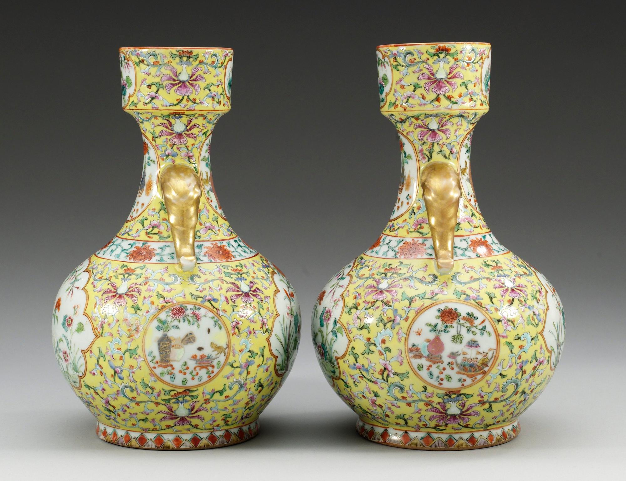 A pair of yellow ground vases, late Qing dynasty. With seal mark. (2).