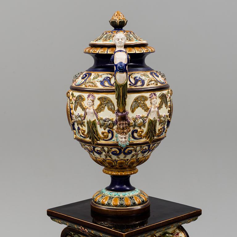 A majolica lidded vase and pedestal, Rörstrand, late 19th century.