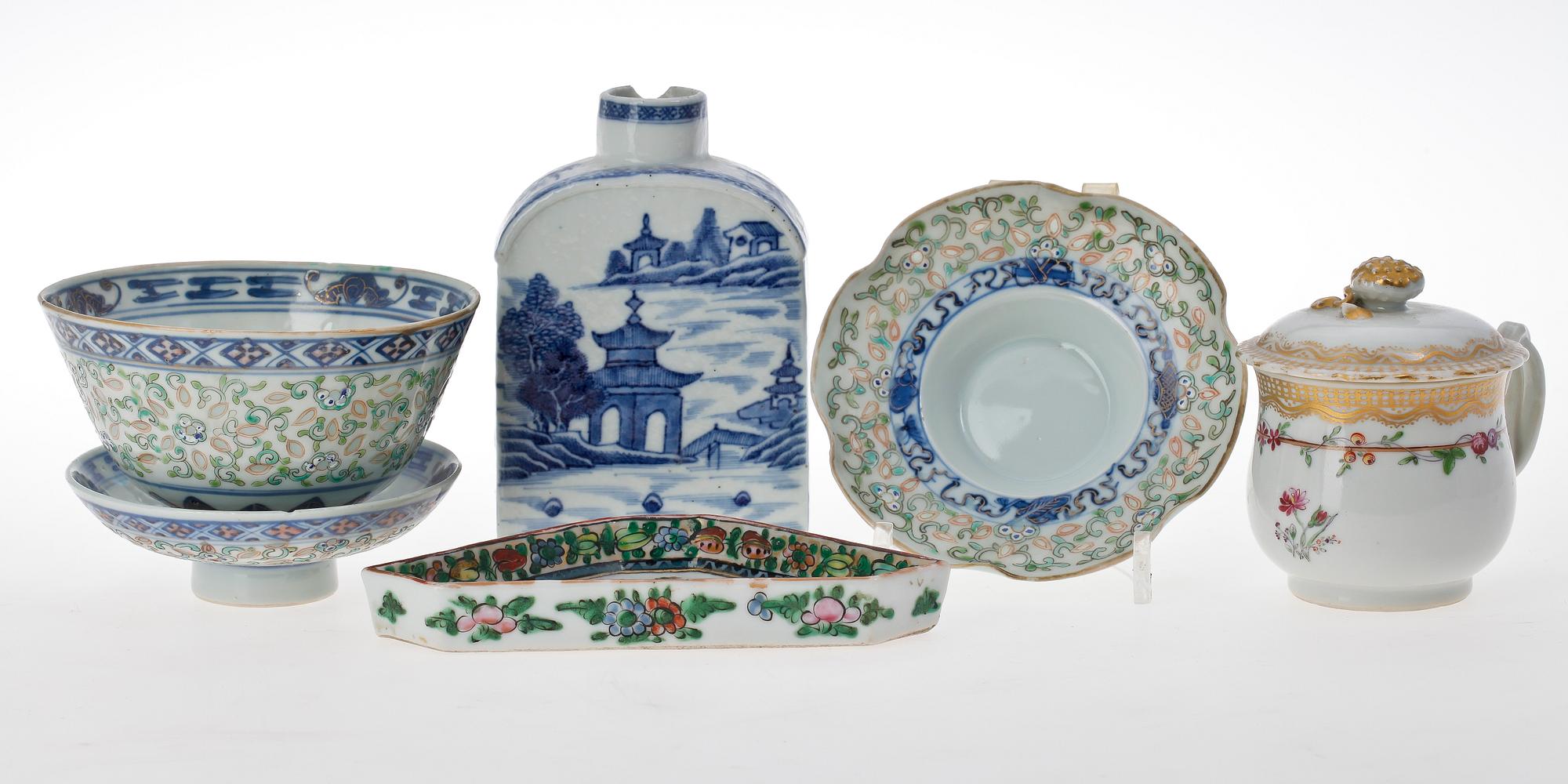 PARTI PORSLIN, 5 delar. 1700-1900-tal.